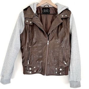 Deb Brown Faux Leather Hooded Bomber Jacket with Gray Knit Sleeves Size Large